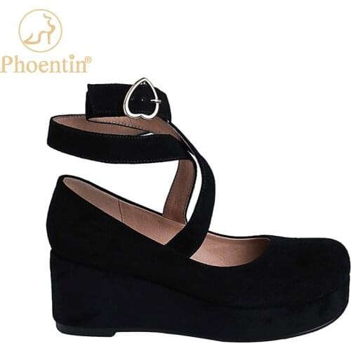 Phoentin Black cross-tied buckle Mary Jane shoes womens Sheep suede high heels Wedges Pumps 2021 Retro Round toe shoes FT1438
