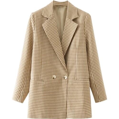 Women Khaki Plaid Blazer Coat Vintage Notched Collar Double Breasted Suit Jacket 2021 Fashion Female Casual Chic Tops