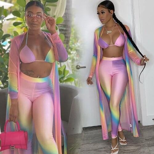 2021 Best Quality Fashion Design Women Set 3Pcs Bikini Top Floorlength Pants Lace Coat