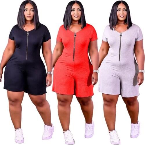 Summer Rompers Women Wholesale One Piece Outfits Casual Zipper Up Fashion Solid Color Short Sleeve Jumpsuit 2021 Dropshipping