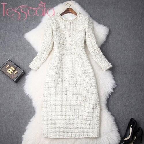 TESSCARA Women Runway Designer Luxury Beading Dress Festa High Quality Vintage Office Party Pencil Robe Long Cocktail Vestidos