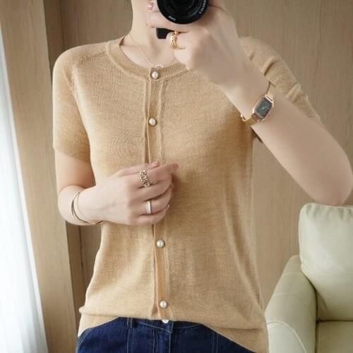 Zocept Summer Womens Cardigan Short-Sleeved Casual Fashion O-Neck Wool Blend Knitted Sweater T-Shirt Solid Color All-Match Tops