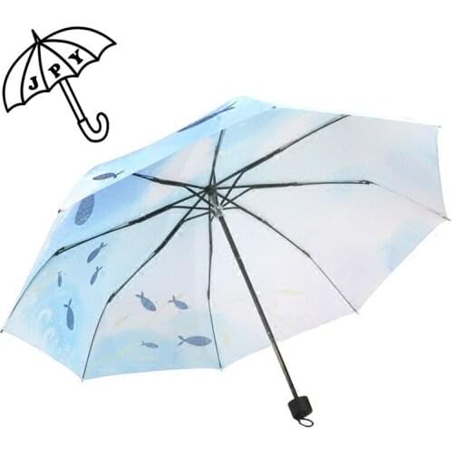 JPY Blue Ocean with Fish Rain Umbrella Sea Impression Series Hand Umbrella 3 Folding Pure Light Bottom Parasol School Style