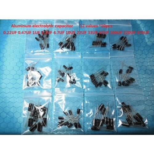 0.22UF~470UF 12 values *10pcs =120pcs Aluminum electrolytic capacitor 0.47 1 2.2 4.7 10 22 33 47 100 220 assortment kit set pack