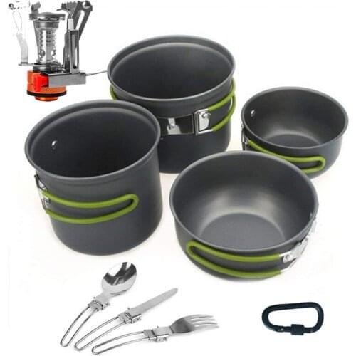 10PCS Camping Cookware Aluminum Alloy Outdoor Camping Pot Carabiner Burner Three-Piece Cutlery Kitchenware Tableware