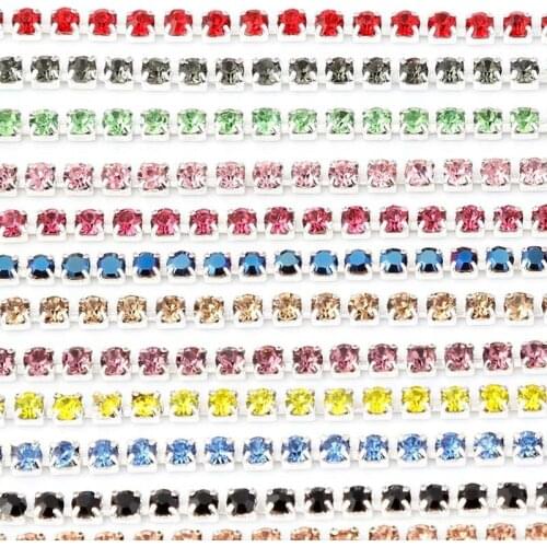 TopStone 10yards/lot Colorful Silver Base Dense Claw Crystal Glass Cup Chain Rhinestones for Sewing on Party Dinner Dress Shoes