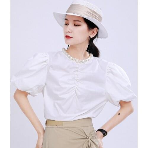 2020 Summer New Heavy Industry Nail Pearl Pleated Solid Color Puff Sleeve Shirt Lantern Sleeve Shirt Female
