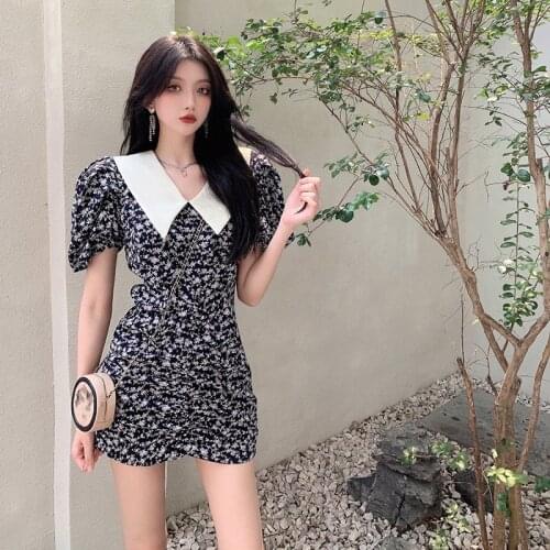 2021 Summer Short Flower Dress Hot Sales Women Korean Version Fashion Design A-Line Cute Floral Vintage Flower Mini Short Dress