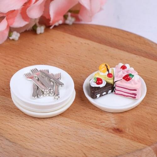 4Pcs 1/12 1/6 Dollhouse Miniature Cakes Plate Knife Fork Dolls House Accessories