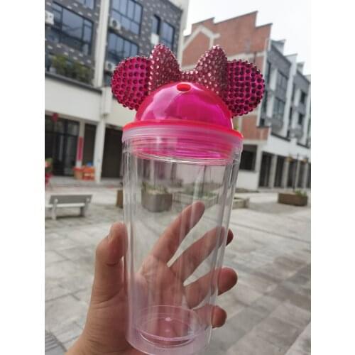 500ml diamond cute mouse ears reusable straw with lid double layer plastic cup transparent coffee cup outdoor sports bottle