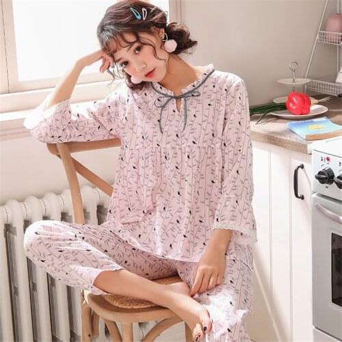Bathrobe Home service spring and summer pajamas ladies loose trousers suit round neck cute cotton thin section suit pijama