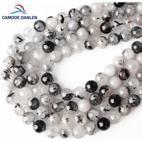 CAMDOE DANLEN Natural Crystal Gem Beads Black Rutilated Quartz Loose Beads 4 6 8 10 12MM Fit Diy Charm Beads For Jewelry Making