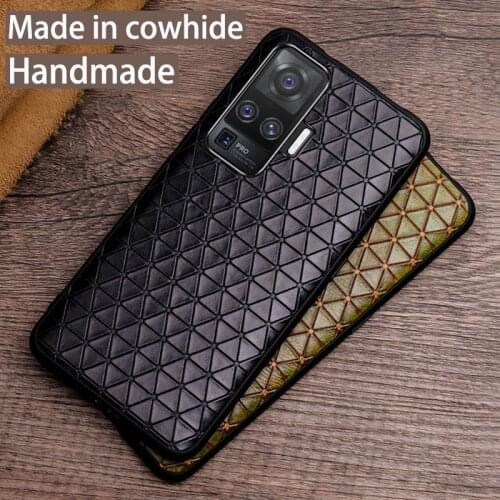 Genuine Leather Phone Case For VIVO X50 X30 X27 Pro X23 Nex 3 iQOO Luxury Natural Cowhide Back Cover Triangle Texture Funda Capa
