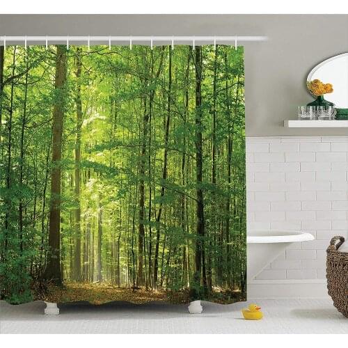 Woodland Decor Shower Curtain Set Deciduous Forest in Summertime Foliage Sunlight Romantic Holidays Scenics Bathroom Accessories