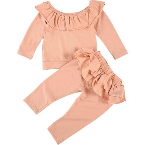 2Pcs Baby Autumn Suit Solid-Color Ruffle Lapel Long-Sleeves Top + Elastic-Waist Pants with Flouncing Trimming for Little Girls