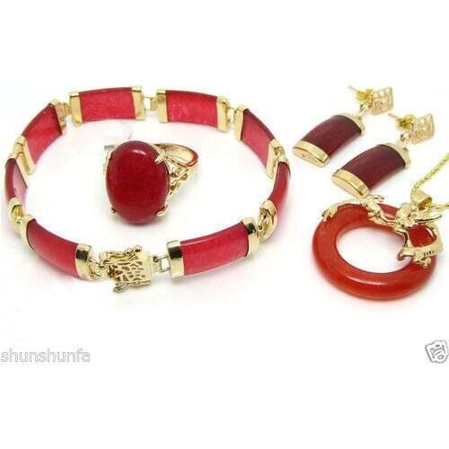Wedding Banquet Red jade necklace pendant earrings bracelet Ring 18KGP Sets