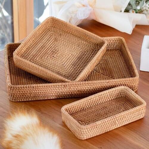 Desktop storage basket rattan woven 3pcs tea tray الشاي الصواني snack tray living room household storage корзины для хранения