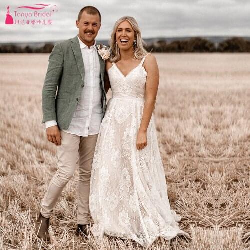 Spaghetti Lace Wedding Dresses A Line Boho Elegant Brial Gowns ZW492