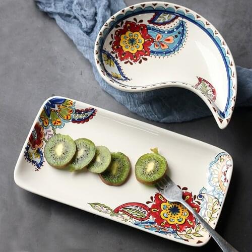 Kitchen accessories Korean-style hand-painted ceramic sushi dish Household rectangular dish cake dish irregular salad bowl