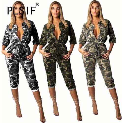 Camouflage Print Summer Short Jumpsuit Cool Overalls For Women Fashion Lady Rompers