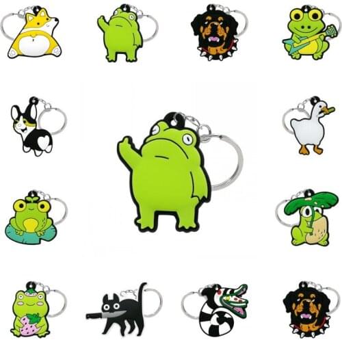 1PCS PVC hot key ring Kawaii Dog frog cat duck cartoon keychains animal pattern keyholder for men women bag car keys pendant