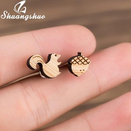 Shuangshuo Squirrel and Pine Nut Stud Earrings Small Handmade Animal Wooden Earrings Lovely Squirrel Earing For Women Jewelry