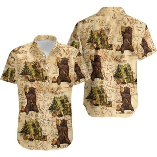 Fashion casual mens Hawaiian shirt cartoon bear camping 3D full print unisex shirt summer casual street short-sleeved shirt