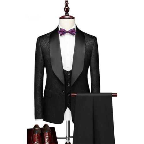 Fashion Black Floral Mens Suits 3 Pieces Groomsmen Wedding Tuxedos For Men 2021 Shawl Lapel Formal Prom Suit (Jacket+Pants+Vest)