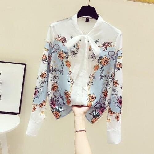 Fashion Design Printed Women Shirts Summer New 2021 Bow Neck Long-Sleeved Elegant Office Lady Outwear Tops