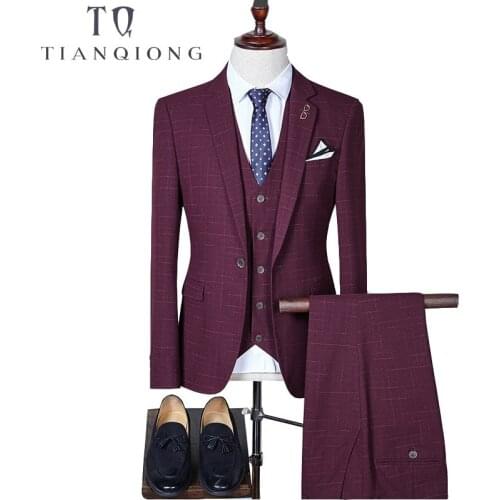 TIAN QIONG Mens Plaid Slim Fit Wedding Suits for Men Brand Business Formal Suit Black,Gray,Navy,wine Red(Blazers+Vest+Pants)