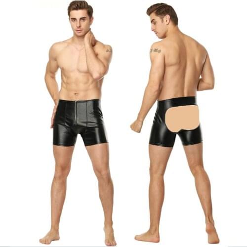 Faux Leather Mens Wet Look Open Back Boxer Shorts Sexy Lingerie Gay Tight Zipper Fetish Shorts Male Night Club Erotic Wear