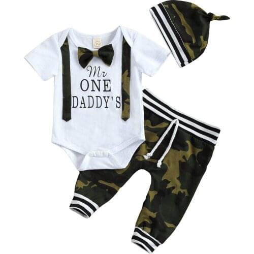 OPPERIAYA Baby Boys 3Pcs Summer Outfits Short Sleeve Round Neck Letter Print Bowtie Bodysuit Striped Camo Pants Hat Casual Set