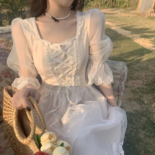 French Retro Dress Women Elegant Sweet Princess Bandage Fairy Dress Ptchwork White Long Holiday Party Midi Dress Summer 2021 New