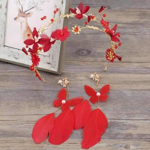 Red feather hairbands earrings sets headdress handmade headpiece headband bride hair accessories