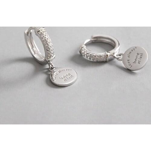 "love always being at last" Authentic 925 Sterling silver White Zirconia 4A+ Disc Coin Hoop Huggie Earrings FINE jEWELRY TLE529
