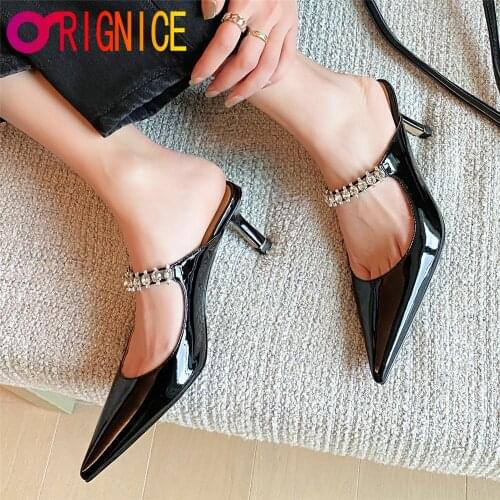 Orignice Sexy Pointed Toe Women Genuine Leather Mules Fashion Crystal Thin Heels Slip On Solid Color Dress Party Shoe Size 34-40