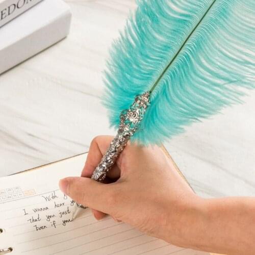 Vintage 0.5mm Quill Dip Feather Pen Signature Ballpoint Pens with Heart Base Calligraphy Writing Office School Supplies