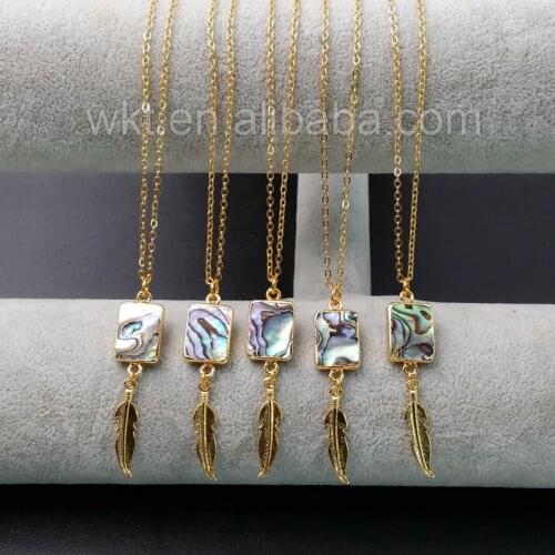 WT-N919 Wholesale Custom New arrival Natural Rectangle Abalone With Gold Feather Charm Necklace,Lovely Abalone shell Necklace