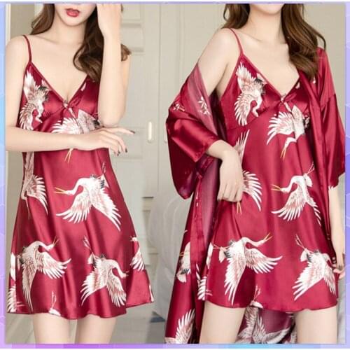 Sexy Dress Women Nightgown Ice Silk Chinese Style Crane Print Long Sleeve Kimono Bathrobe Bride Bridesmaid Wedding Robe Suit