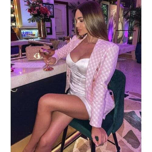 Free Shipping Runway Blazers Women 2021 New Autumn Winter Double Breasted Slim Plaid Blazer Jacket High Quality Elegent Lady