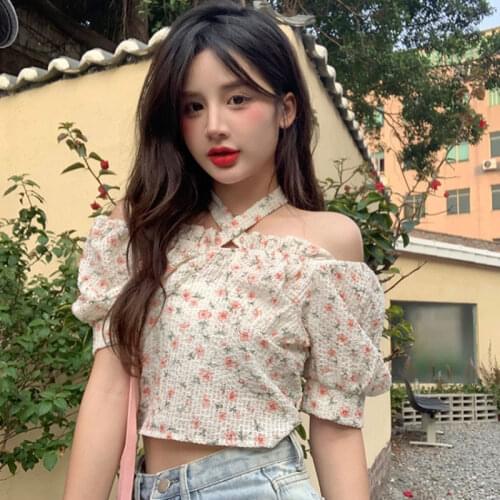 Sexy Off Shoulder Top Women Floral Chiffon Blouse Puff Sleeve Summer Shirt Cropped Tube Tops Lace Up Club Evening Party Clothes