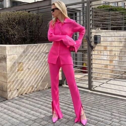 High Quality Fashion WomenS Knitted Slim 2 Two-Piece Set 2021 Spring Sexy V Long-Sleeved Button Top + Pants Casual Suit