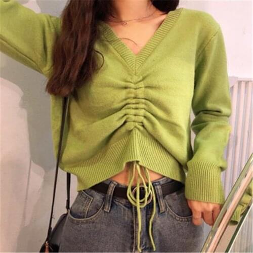 2021 Cropped Sweaters Women Spring Fall Lace-up V-neck Design Solid Ladies Knitwear All-match Trendy Preppy Femme Sweater Simple