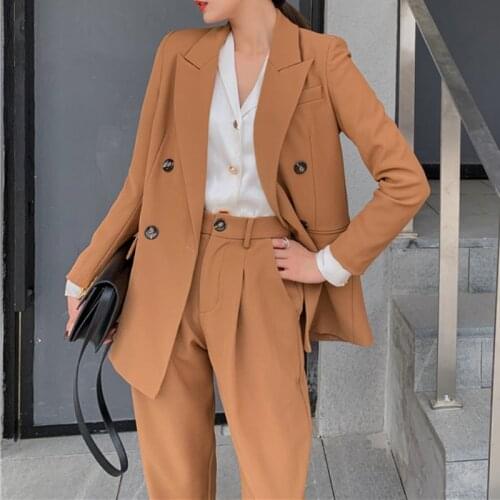 Spring Autumn Fashion Casual Blazer Womens Office Suit Slim Jacket High Waist Wide Leg Pants Suit 2 Piece Sets Female Trousers
