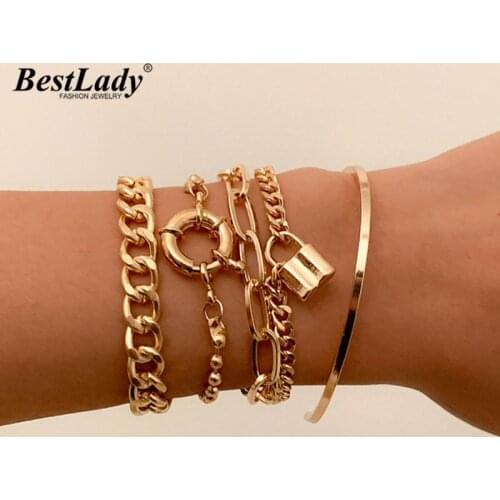 Best Lady 2021 Vintage 5Pcs/Set Link Chain Bracelets Bangles for Women Hip Hop Lock Charm Bracelets Show Jewelry Gifts Wholesale