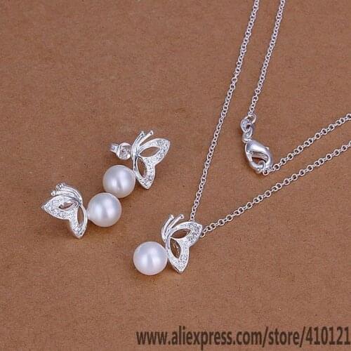 S198 Lucky Charm Silver Color Jewelry Sets For Women Fashion Jewelry Lady Accessories Fashion White Butterfly-Pearl /ddsaluza