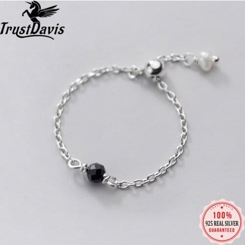 TrustDavis Real 925 Sterling Silver Fashion Synthesis Pearl Chain Ring Sizable For Women Wedding Party Fine Jewelry DS1097
