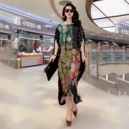 Plus Size Woman Silk Dress Elegant Print Vintage Dresses Short Sleeve Long Sandy beach Women robe Summer Ladies dress fashion