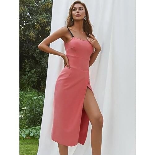 2021 Summer Red Pink Sexy Spaghetti Strap Split Women Maxi Party Dress Femme Casual Slim Vintage Vestidos Nightclub Robe DH7498