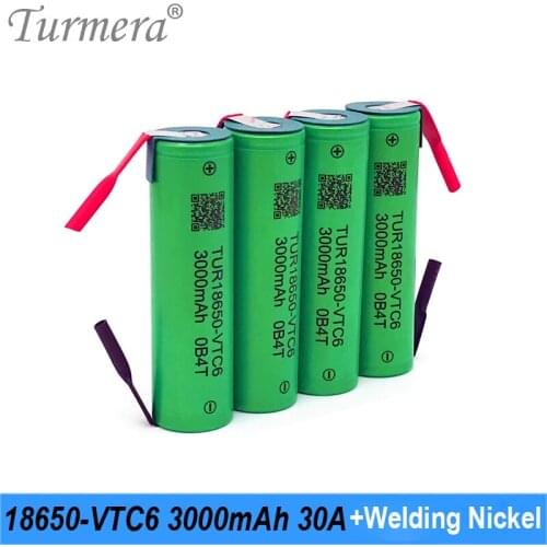 2021 Turmera 18650 VTC6 3000mAh Battery 30A Soldering Nickels for 12V 14.4V 18V 21V 25V Electric Drill Screwdriver Batteries Use